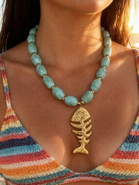 Turquoise Beaded Fishbone Pendant Necklace Gold Charm
